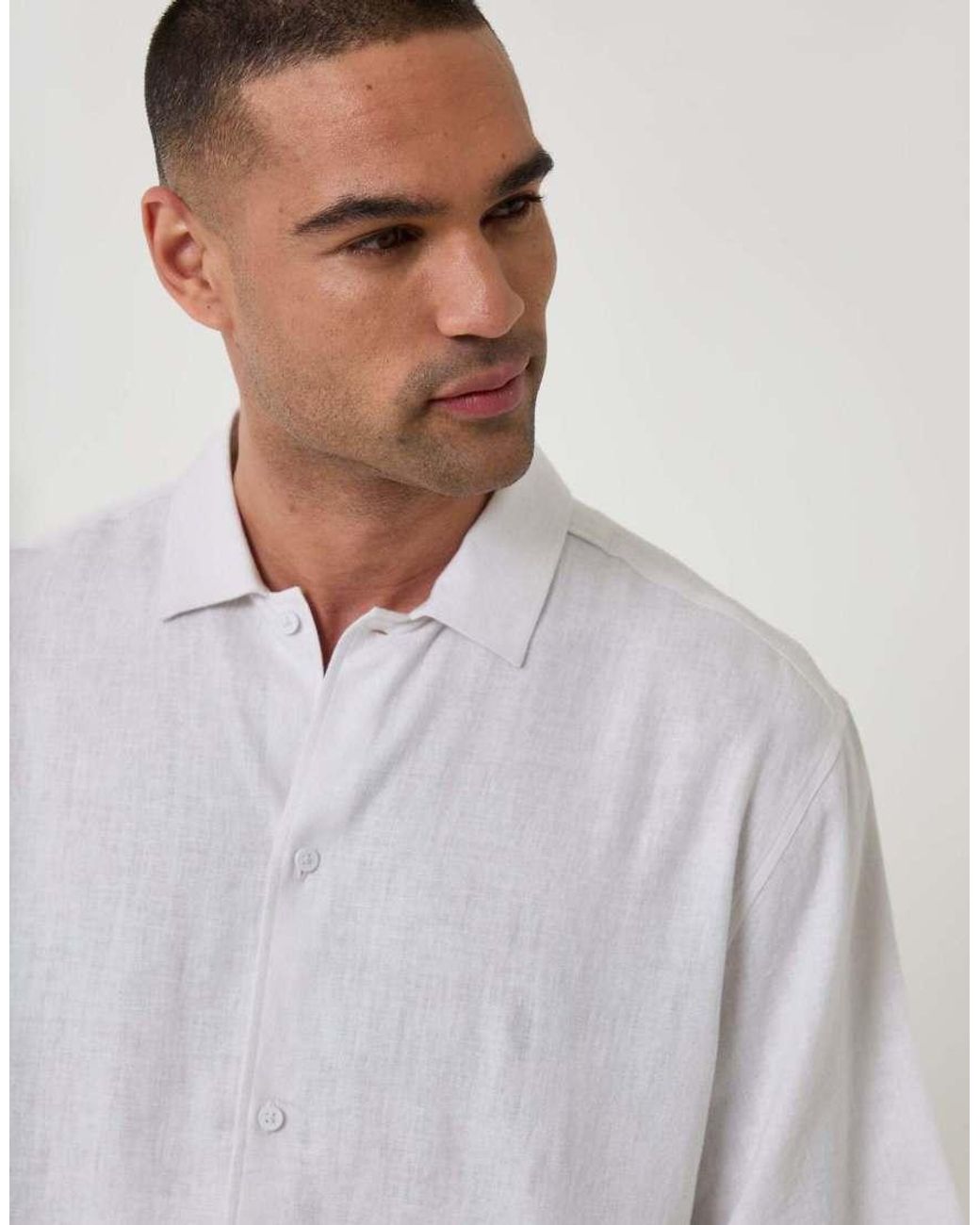 Threadbare White Boxy Fit Linen Blend Short Sleeve Shirt for men