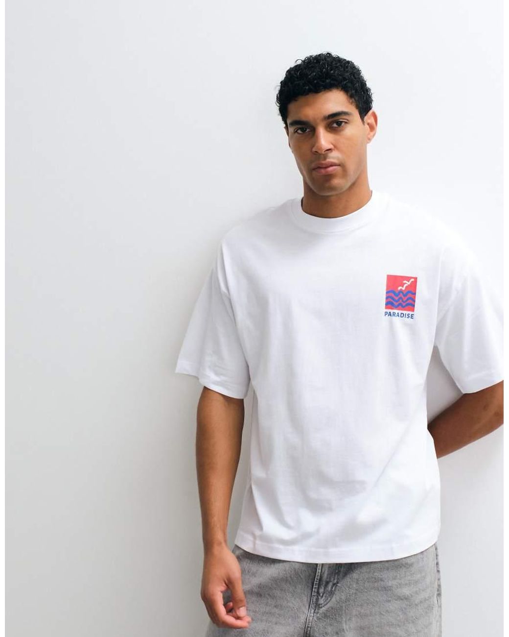SELECTED White Oversized T-shirt With Paradise Backprint for men