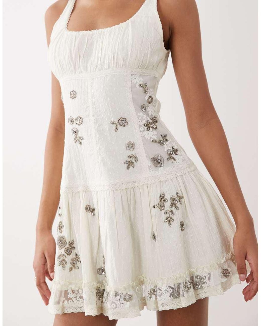 ASOS Natural Scoop Neck Mini Dress With Sheer Lace Panels And Floral Embellishment