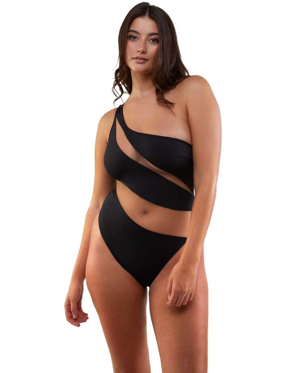 Wolf & Whistle Orange Fuller Bust Asymmetric Swimsuit With Nude Mesh Inserts