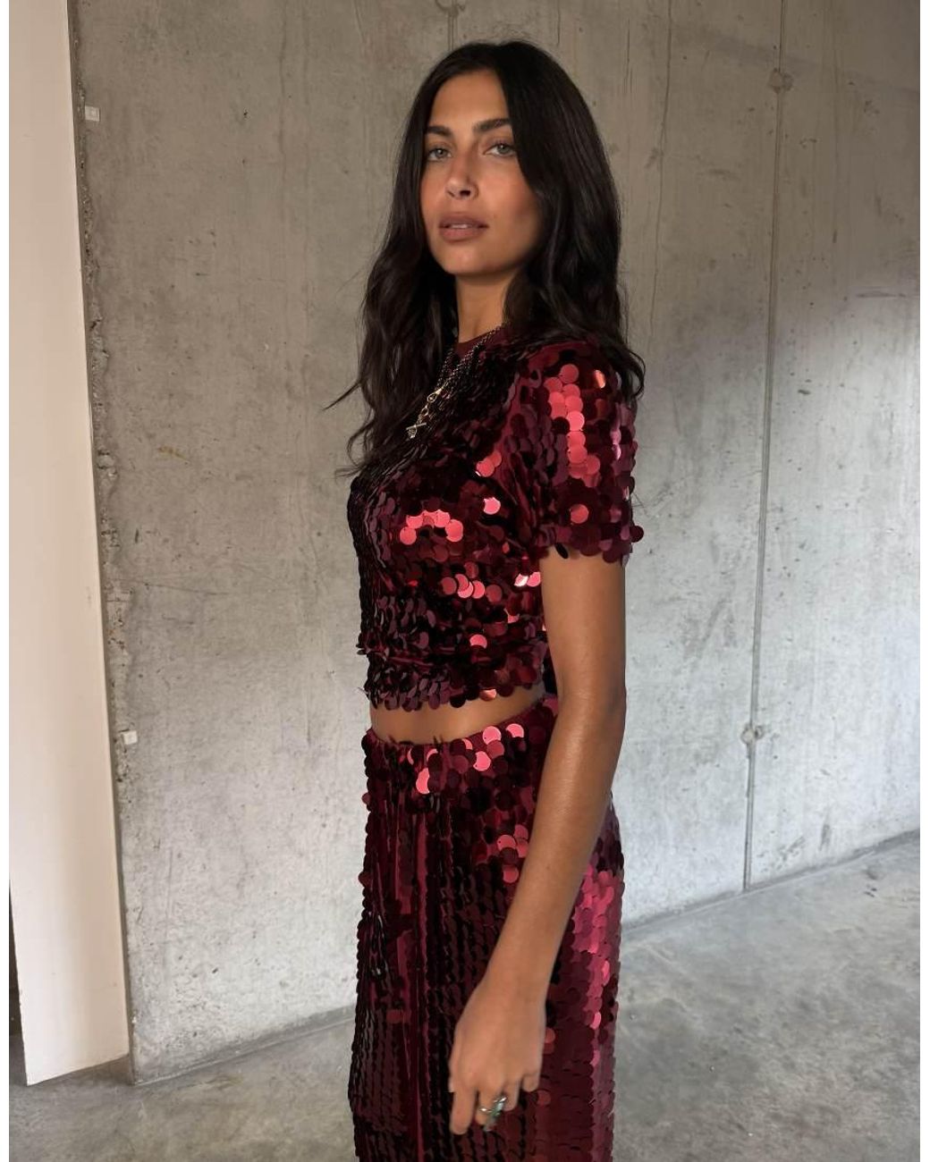 Never Fully Dressed Red Sequin Short Sleeve Crop T-Shirt Co-Ord