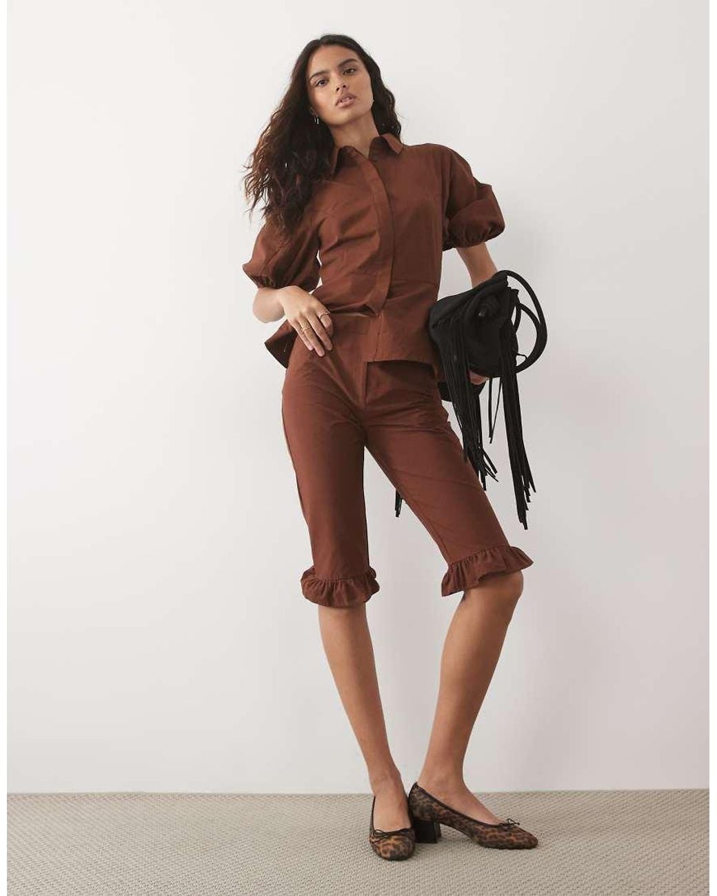 Miss Selfridge Brown Frill Hem Capris Co-Ord