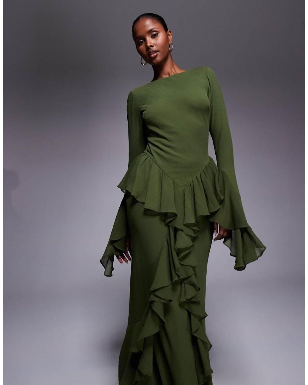 ASOS Green Long Sleeve Ruffle Maxi Dress
