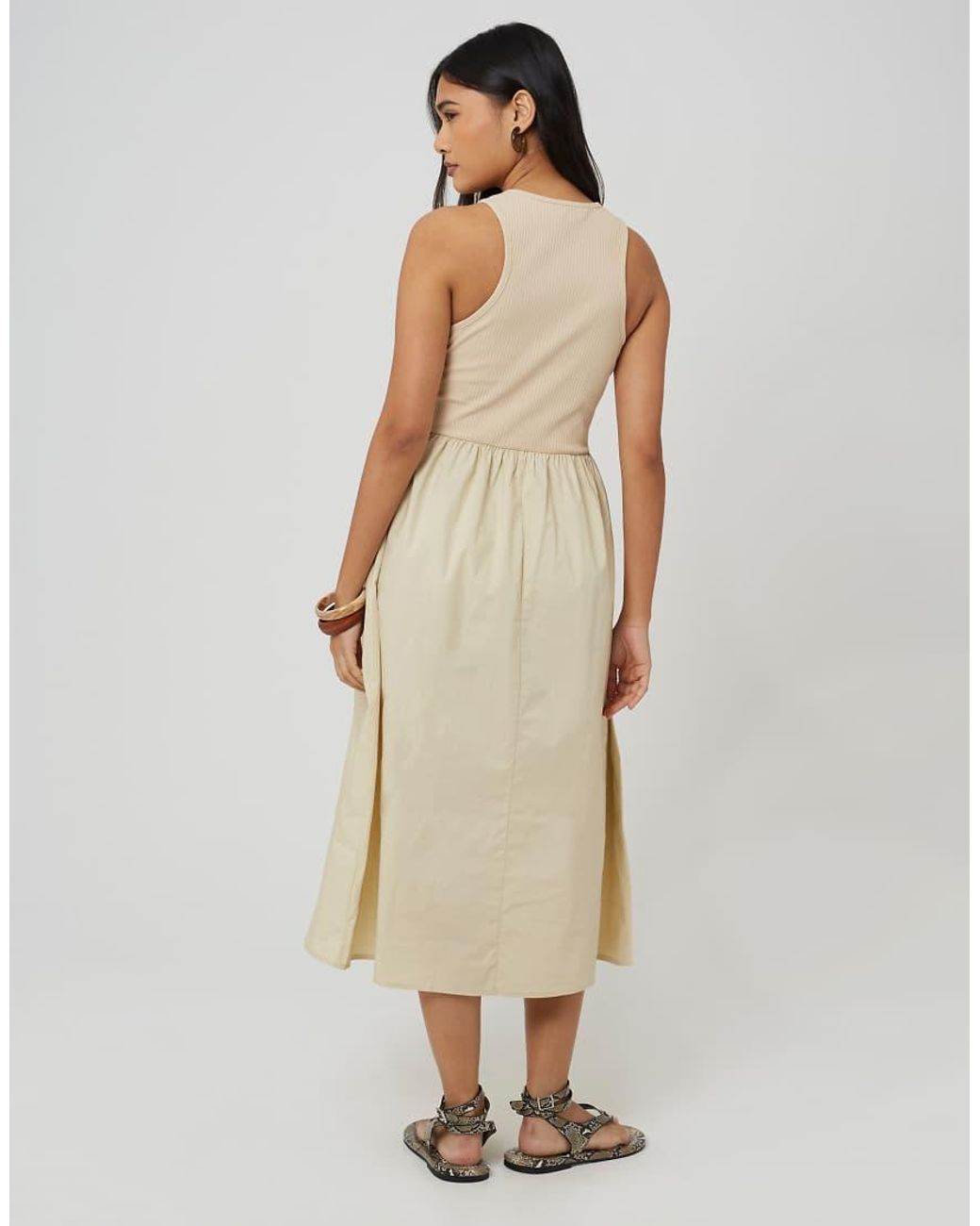 Brave Soul Natural Ribbed Jersey And Poplin Mix Midi Dress