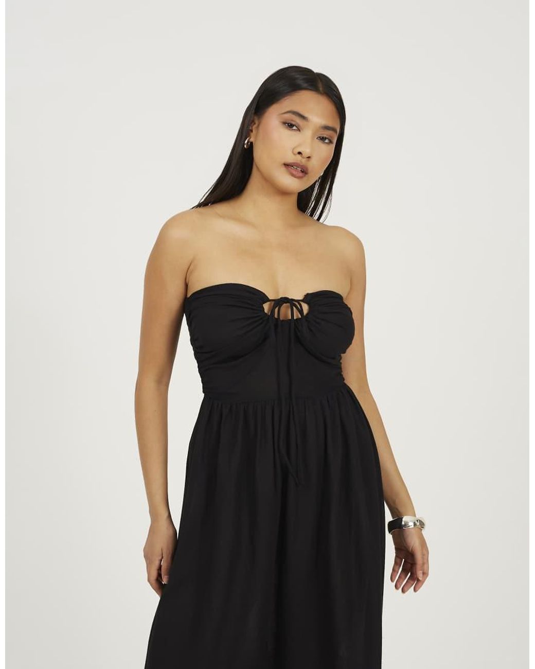 Brave Soul Black Strapless Tiered Midi Dress