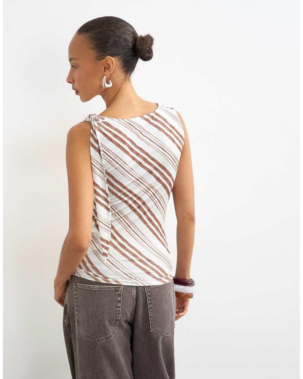 TOPSHOP White Microfibre Stripe Knot Shoulder Tank