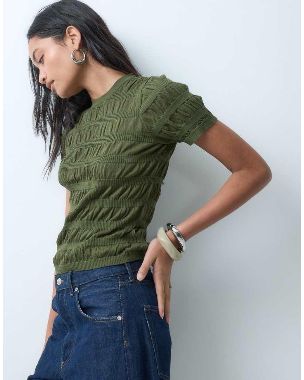 ASOS Green Shirred Fine Knit T-Shirt