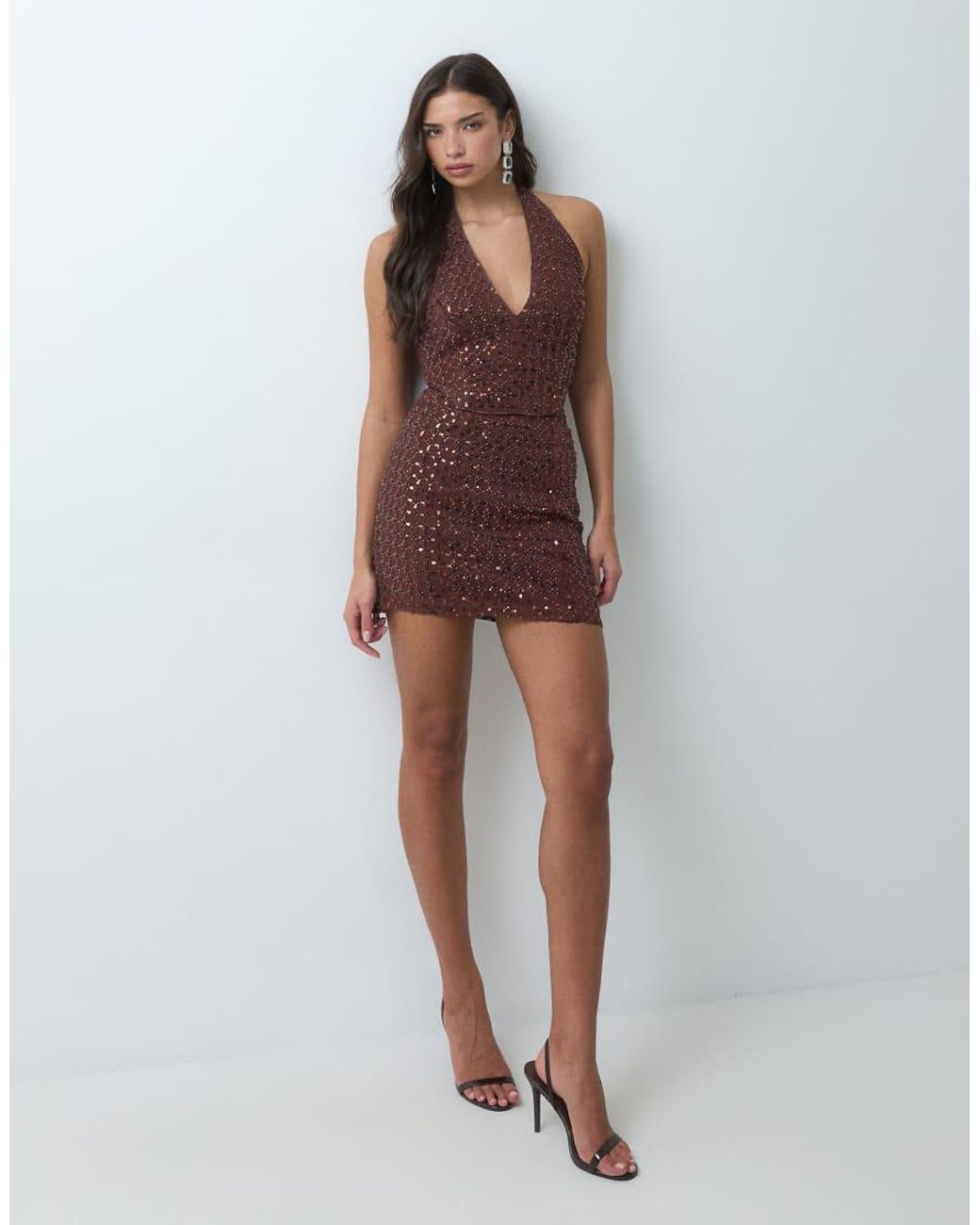 TFNC London Brown Premium Sequins Plunge Halter Neck Embellished Top Co-ord