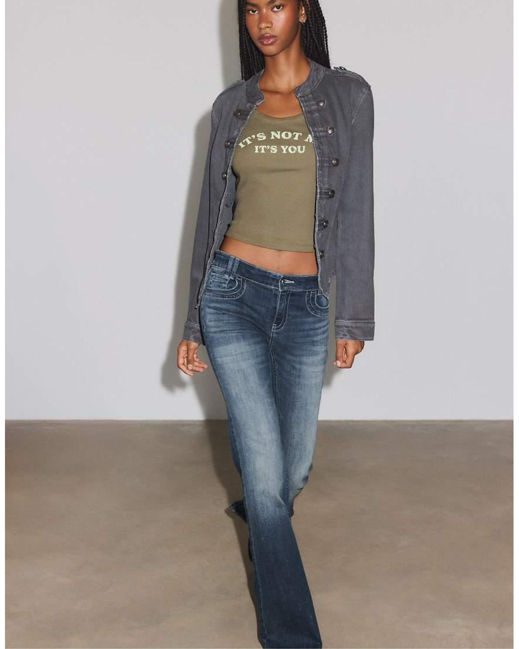 Stradivarius Blue Embroidered Pocket Bell Bottom Jeans