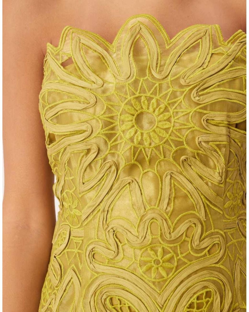 ARRANGE Yellow Abstract Cutwork Bandeau Maxi Dress With Pleated Skirt