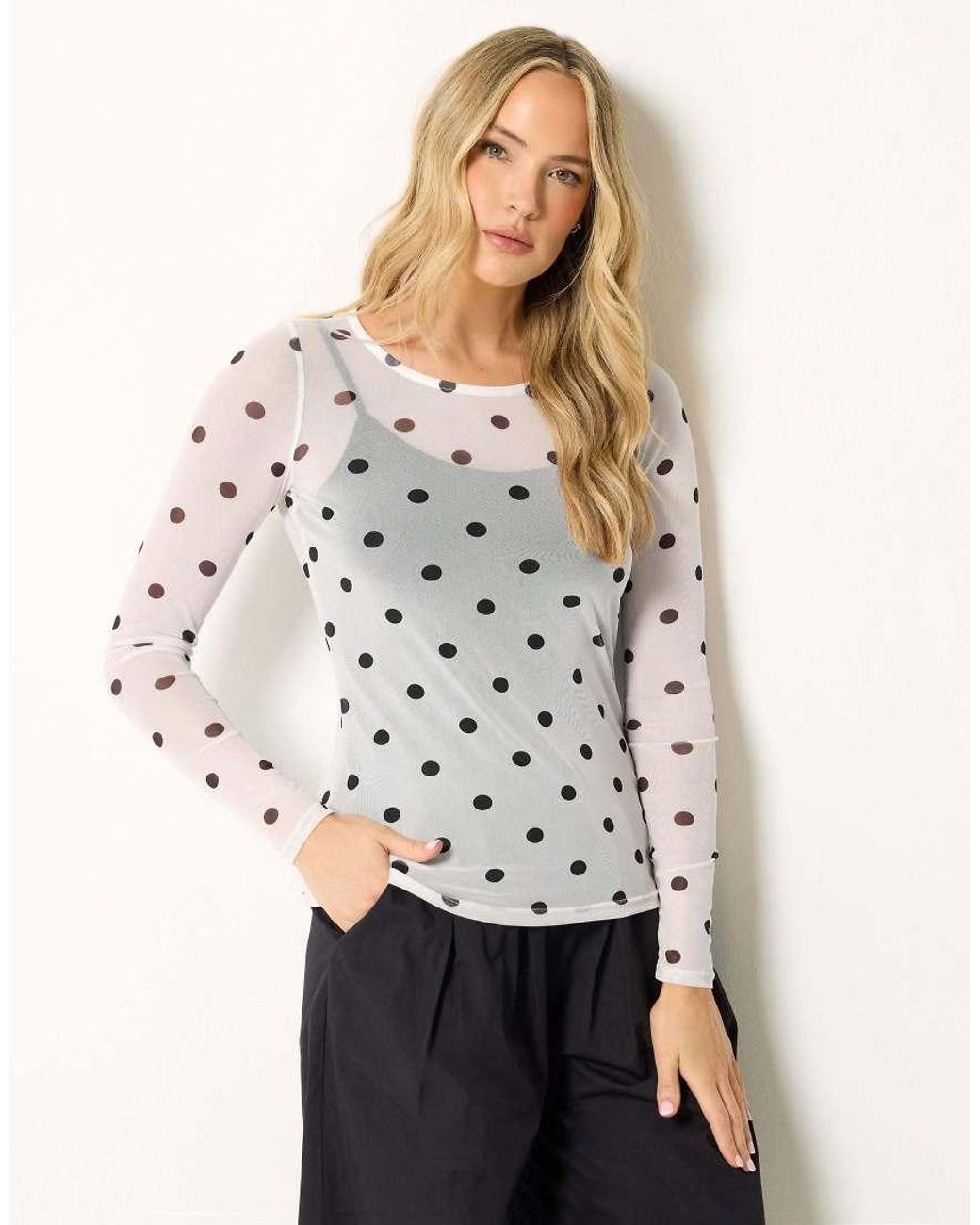 Long Tall Sally White Polka Dot Mesh Top