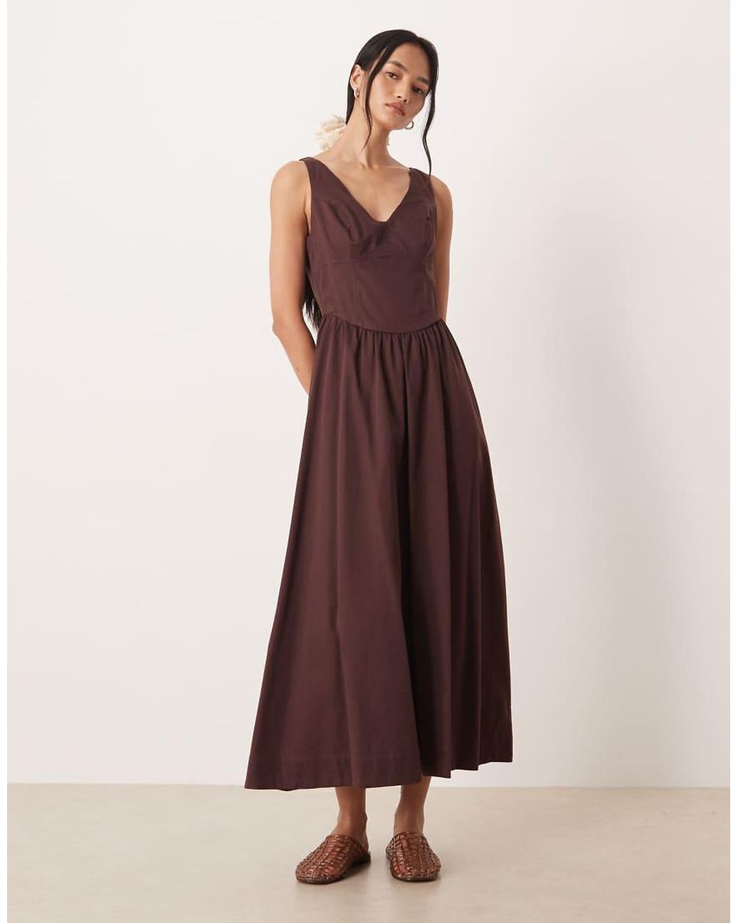 ASOS Brown Waisted V Neck Maxi Dress With Seaming Details