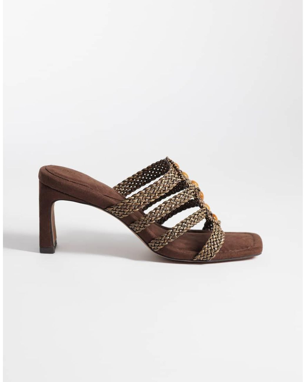 ASOS Brown Hide Beaded Weave Detail Mid Heeled Mules