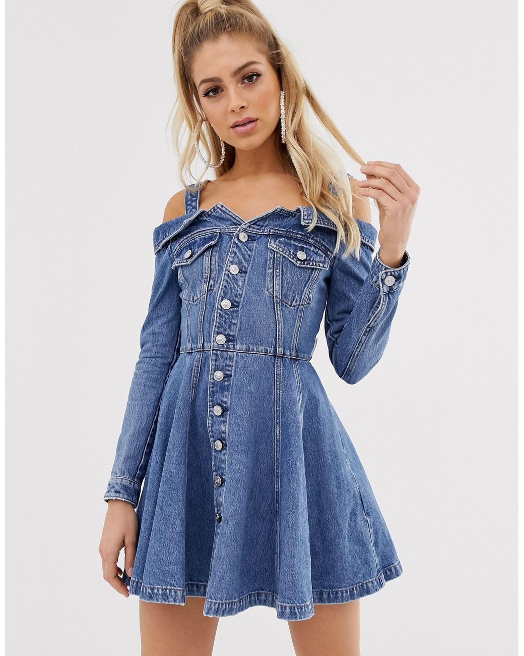 Robe evasee en jean avec epaules denudees et bouton Miss Sixty en coloris Bleu Lyst