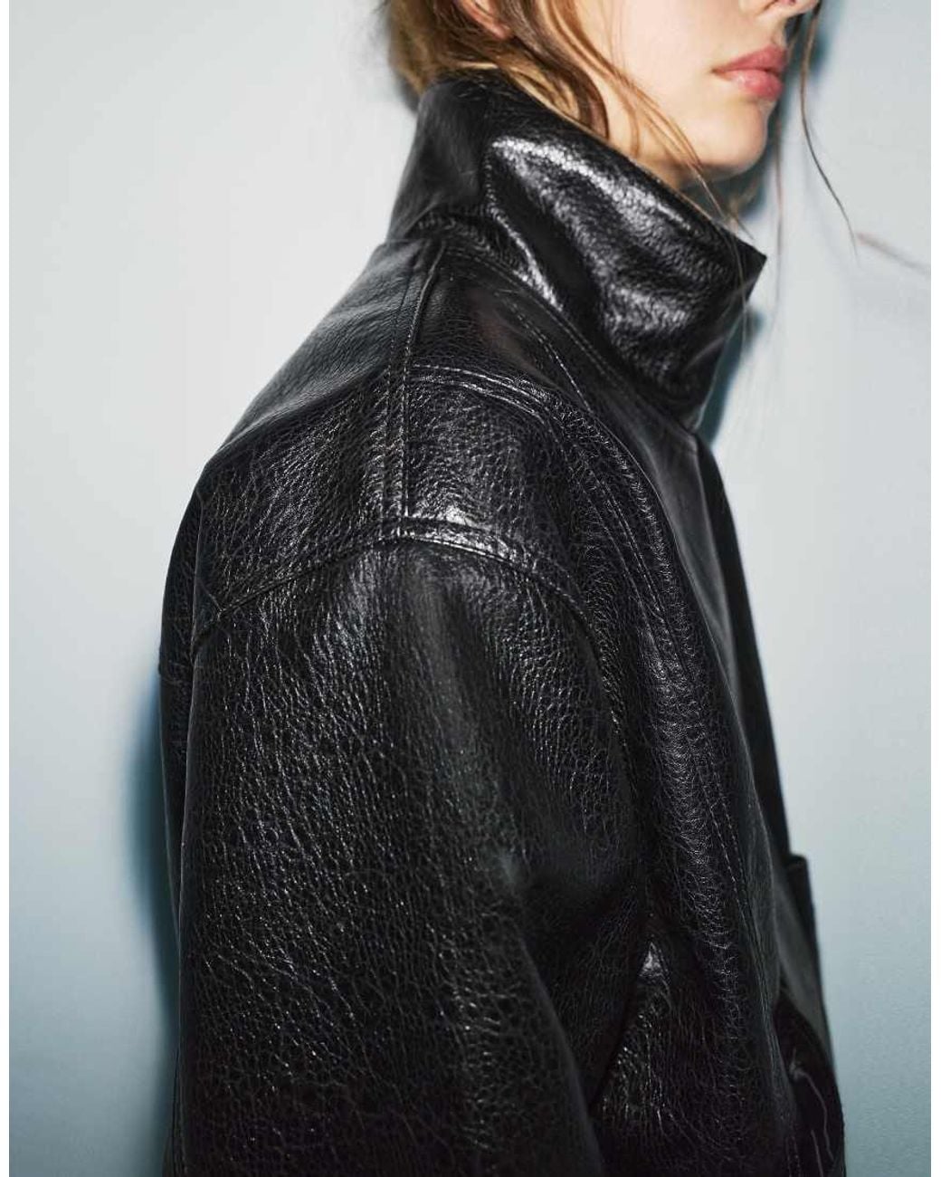 Pull&Bear Black Leather Effect Boxy Jacket