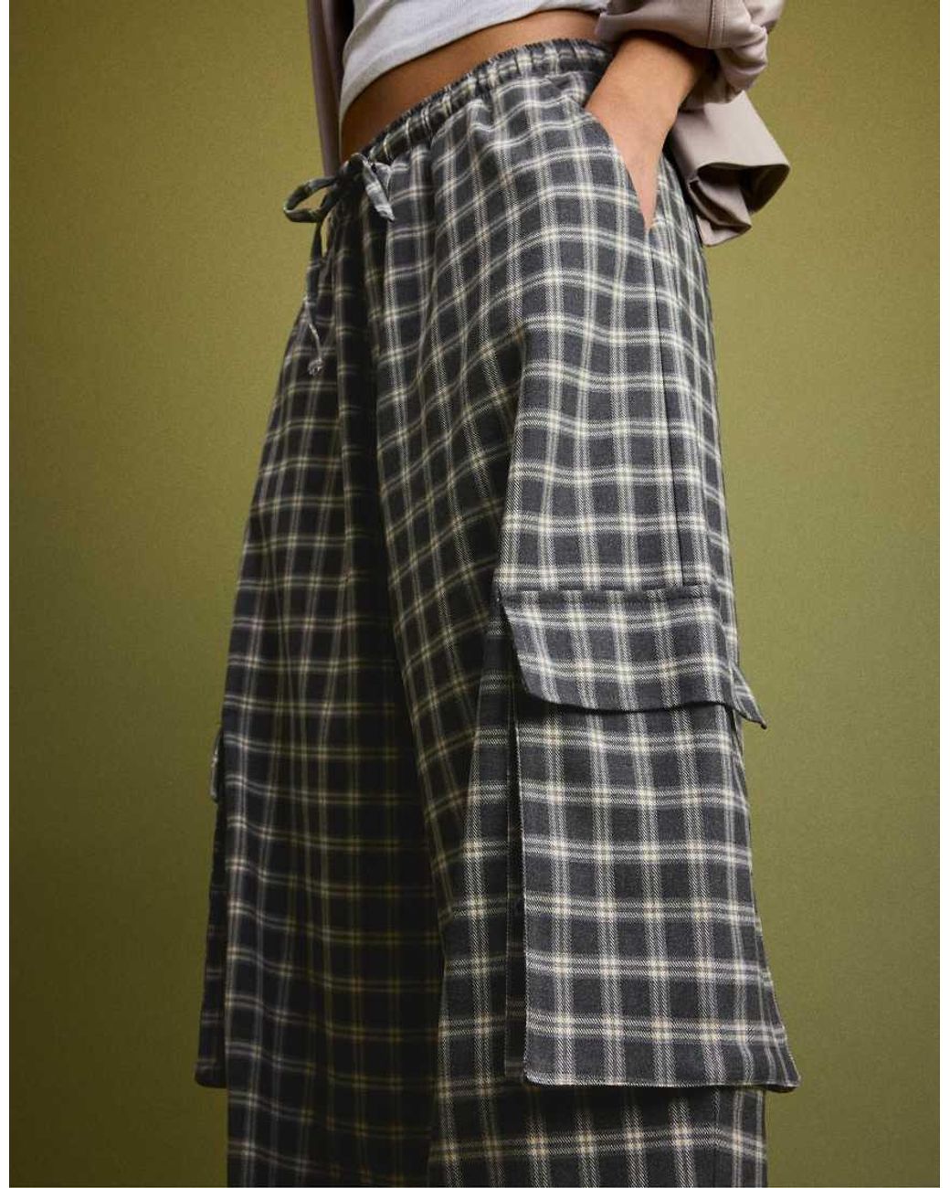 Stradivarius Green Checked Smart Cargo Trousers