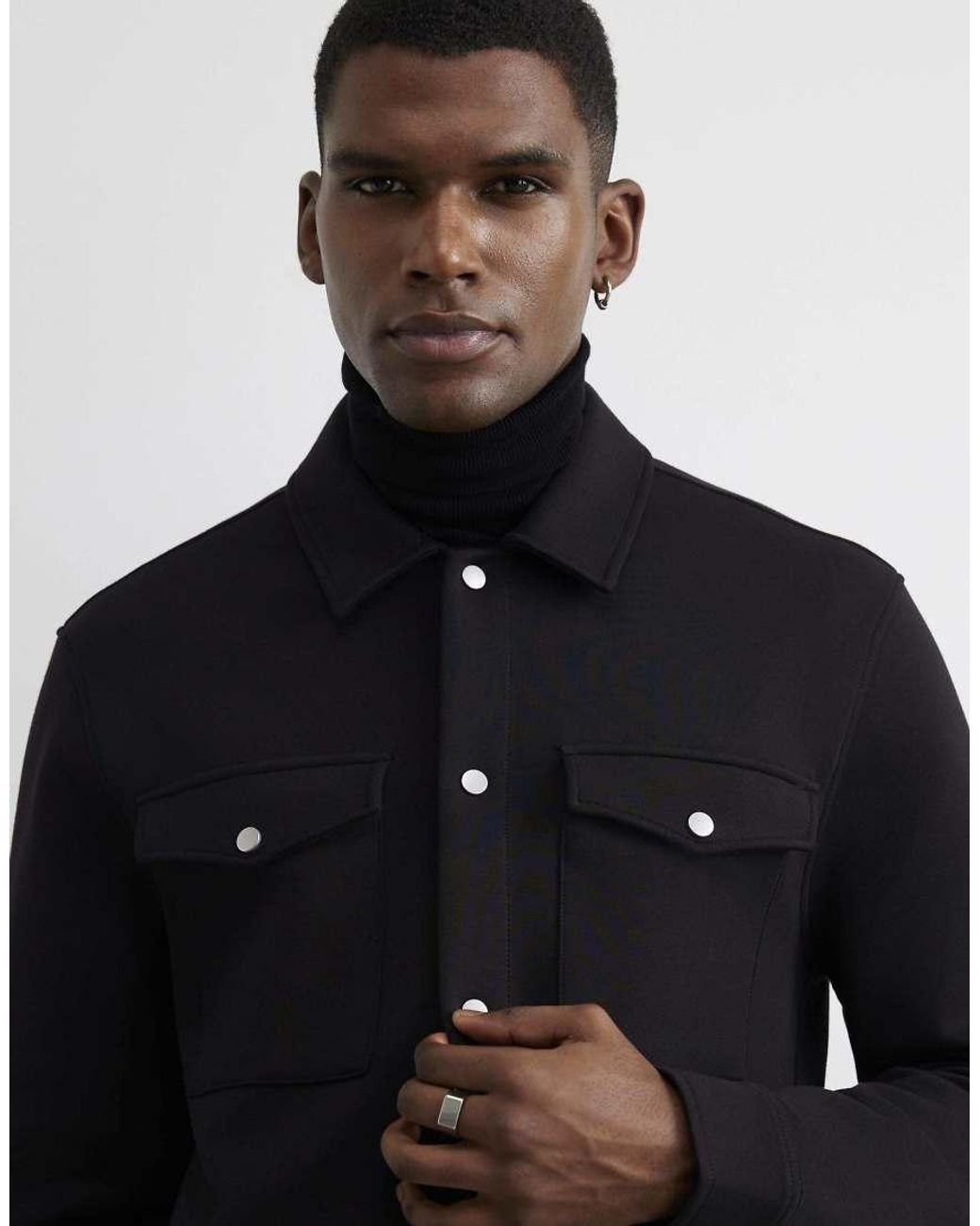 River Island Black Slim Fit Premium Collared Overshirt for men