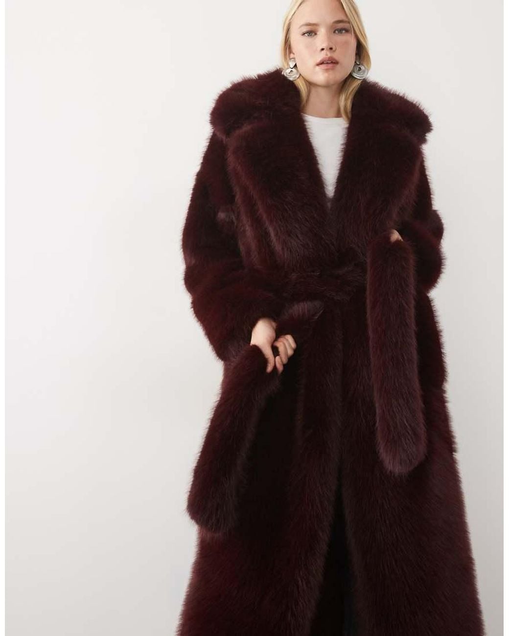 4th & Reckless Red Faux Fur Oversized Belted Maxi Coat