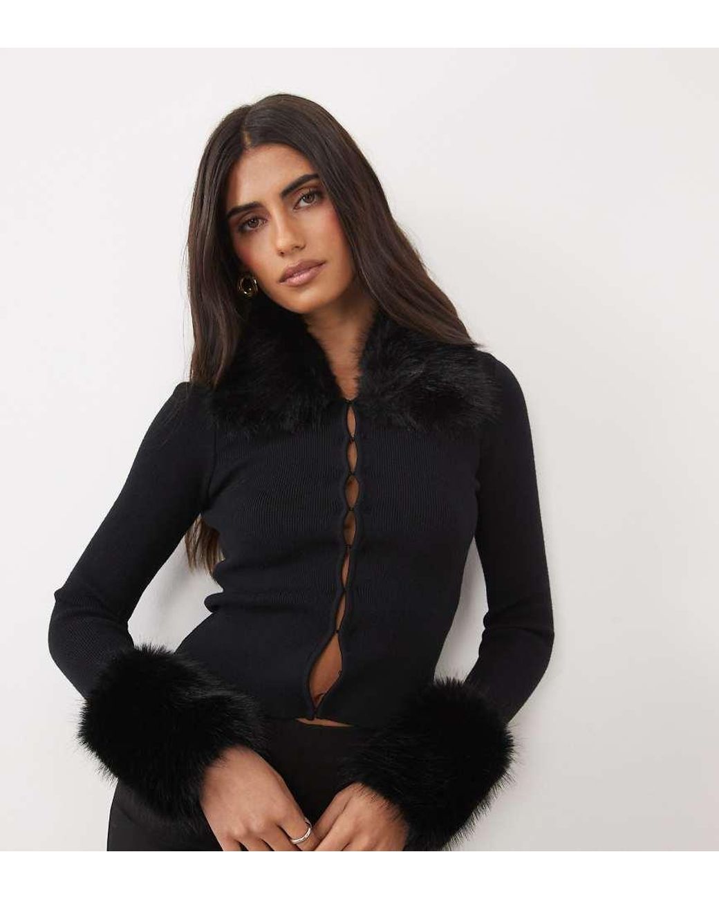 The Frolic Black Exclusive Knitted Faux Fur Collar & Cuff Cardigan