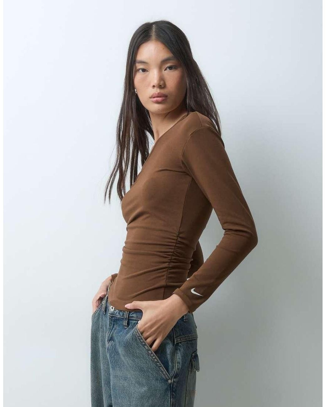Nike Brown Long Sleeve Fitted Off The Shoulder Top