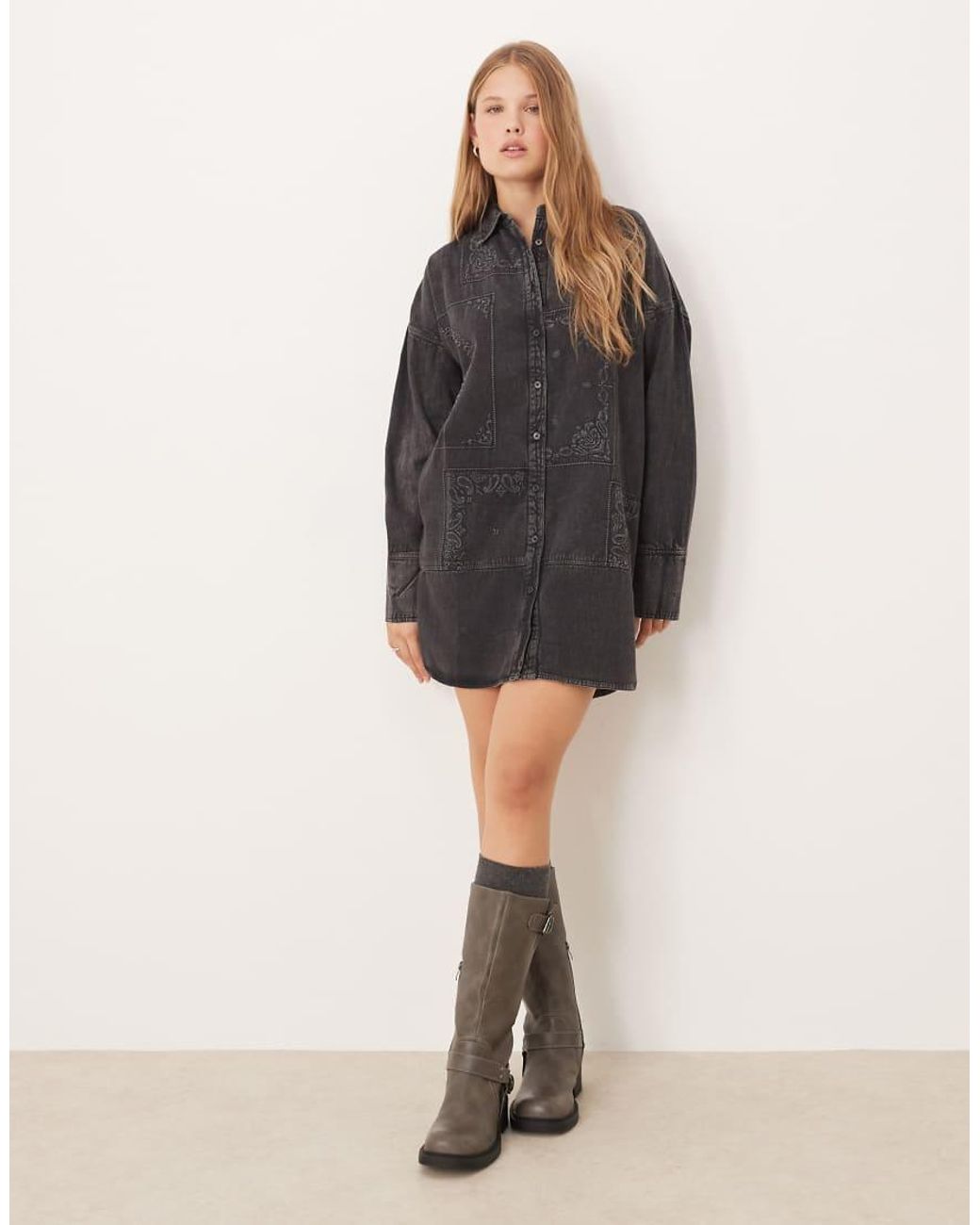 ASOS Gray Mini Twill Shirt Dress With Patchwork Embroidery