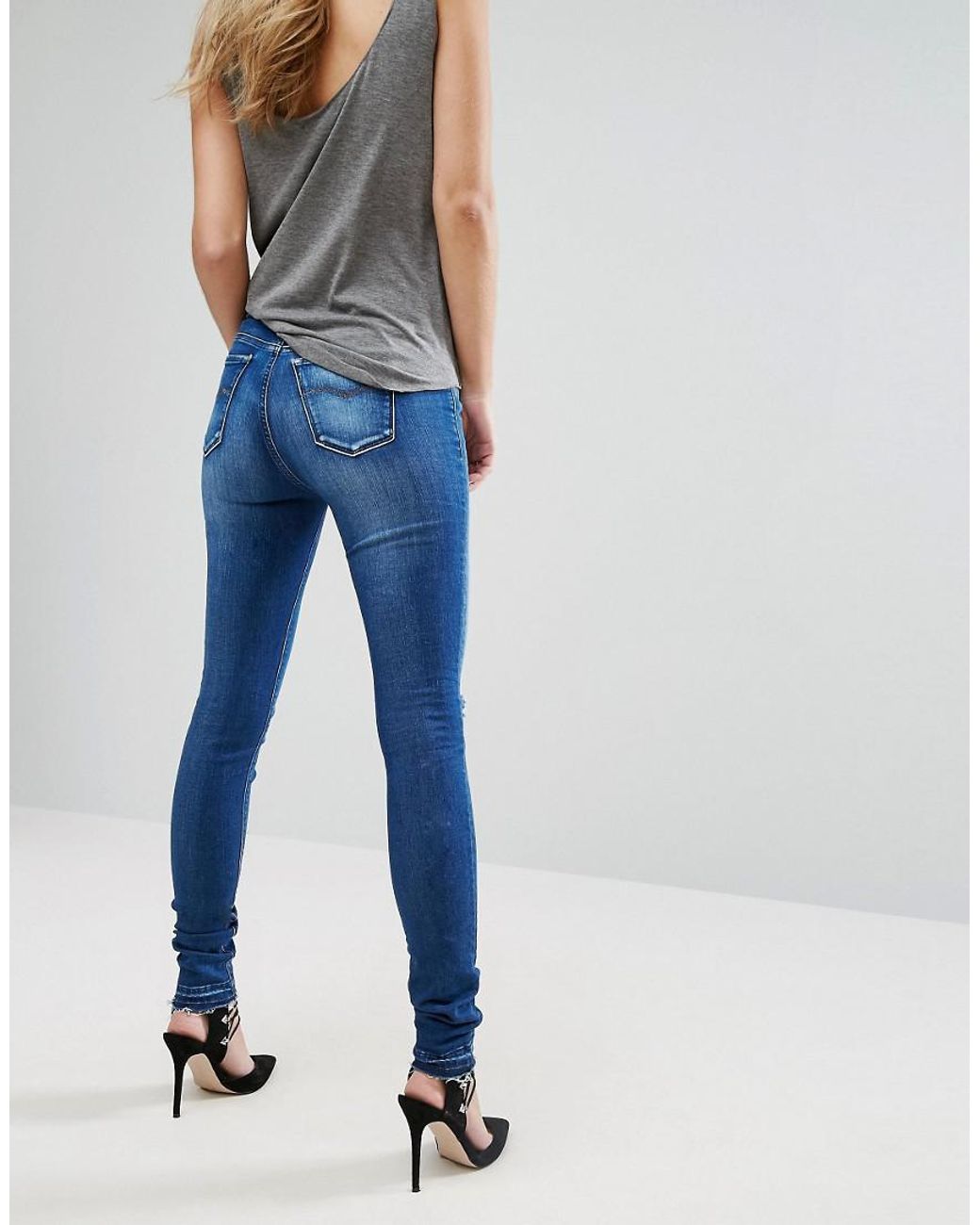 Replay Joi High Rise Skinny Jeans With Released Frayed Hem in Blue | Lyst