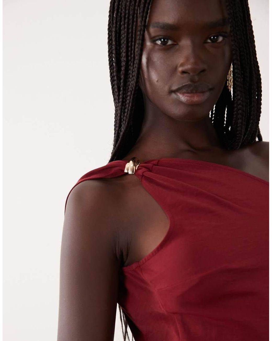 Jdy Red One Shoulder Maxi Dress With Gold Trim