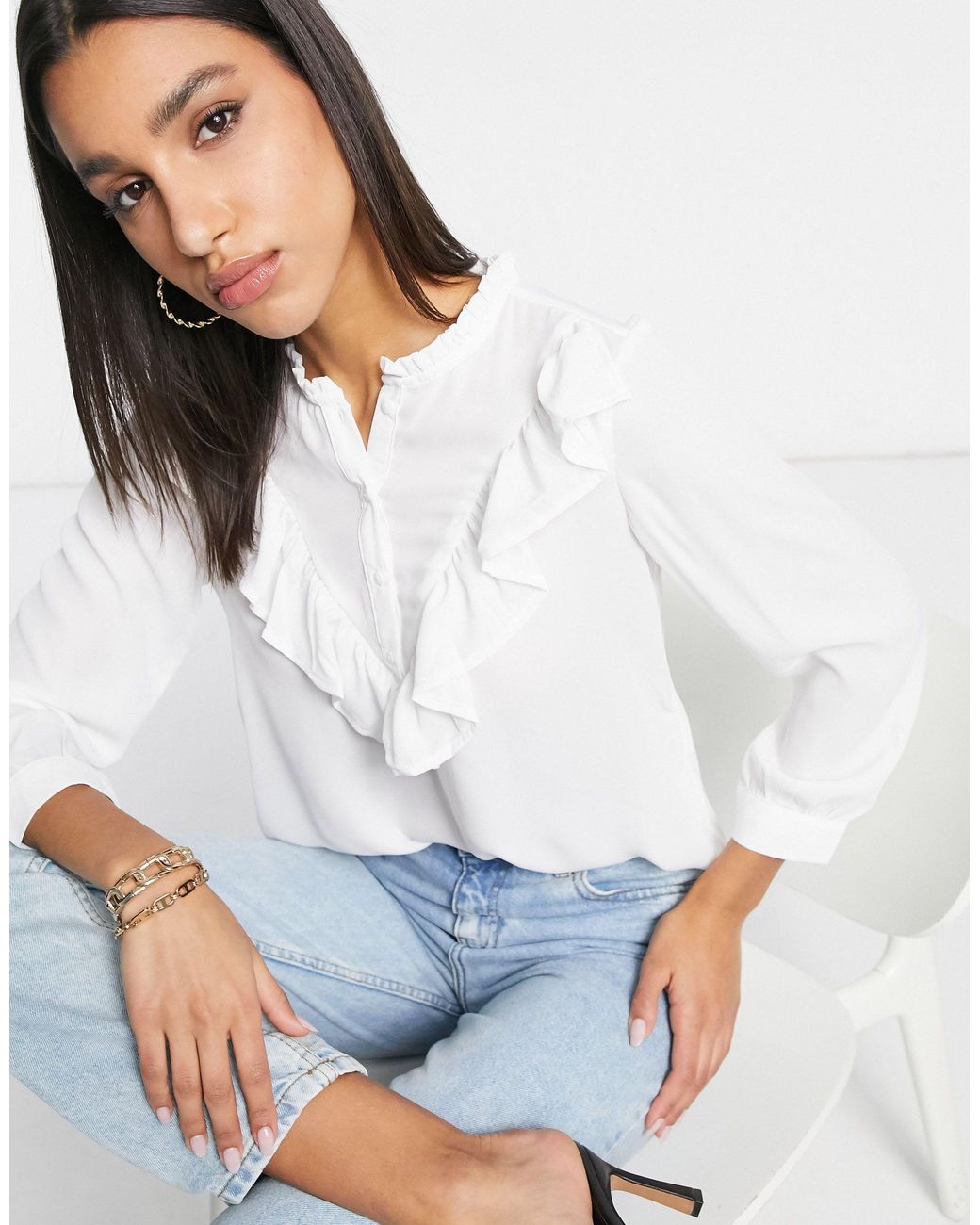 ONLY Blouse Met Hoge Kraag En Ruches in het Wit | Lyst NL