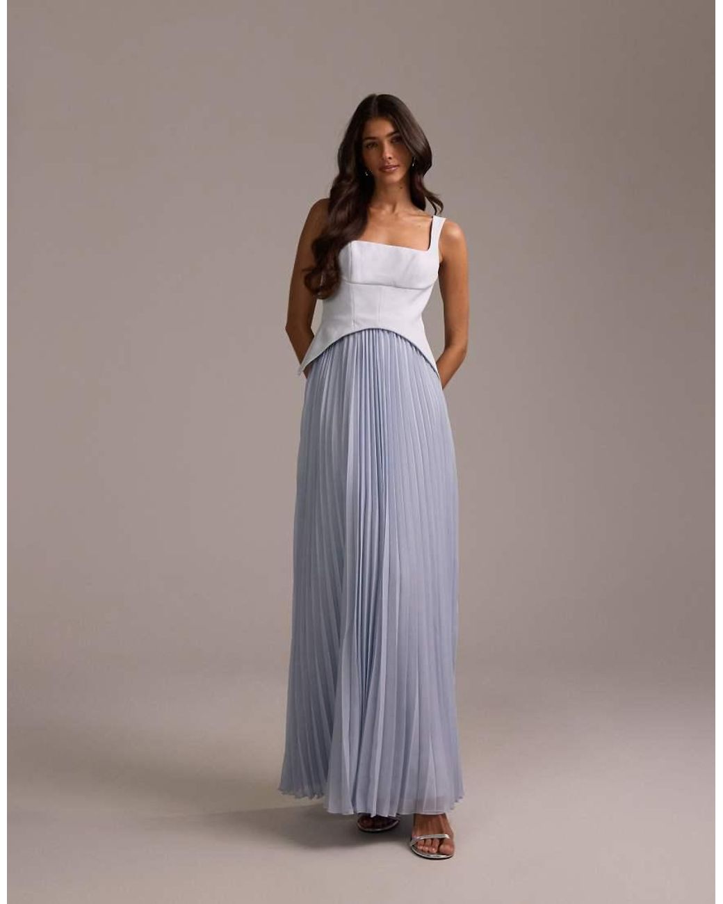 ASOS Brown Bridesmaids Hybrid Maxi Dress With Pleated Full Skirt