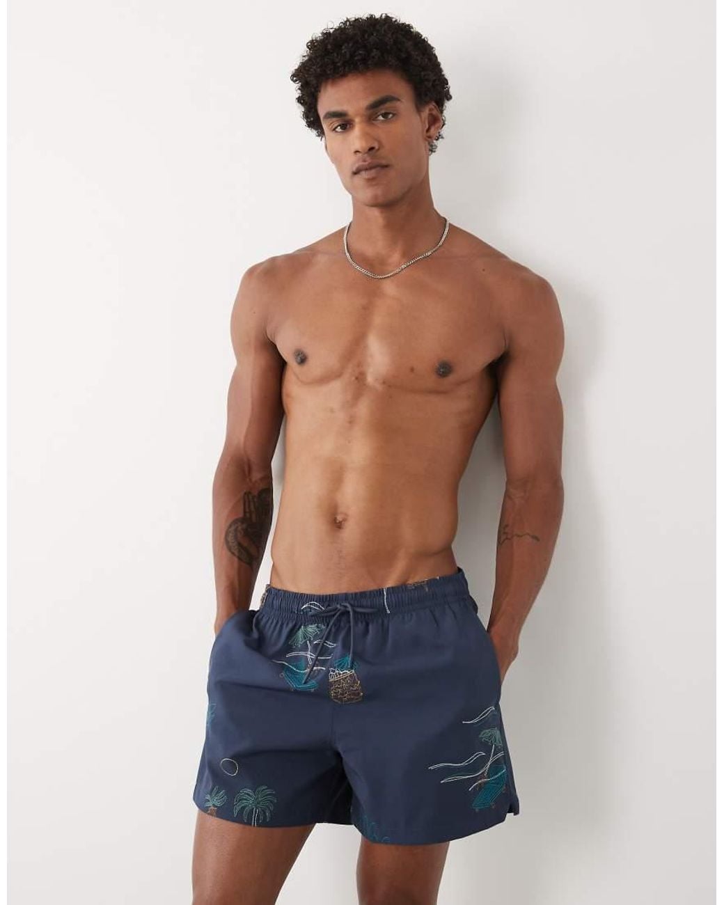 Abercrombie & Fitch Blue Pull On Swim Short With Embriodery Icons for men