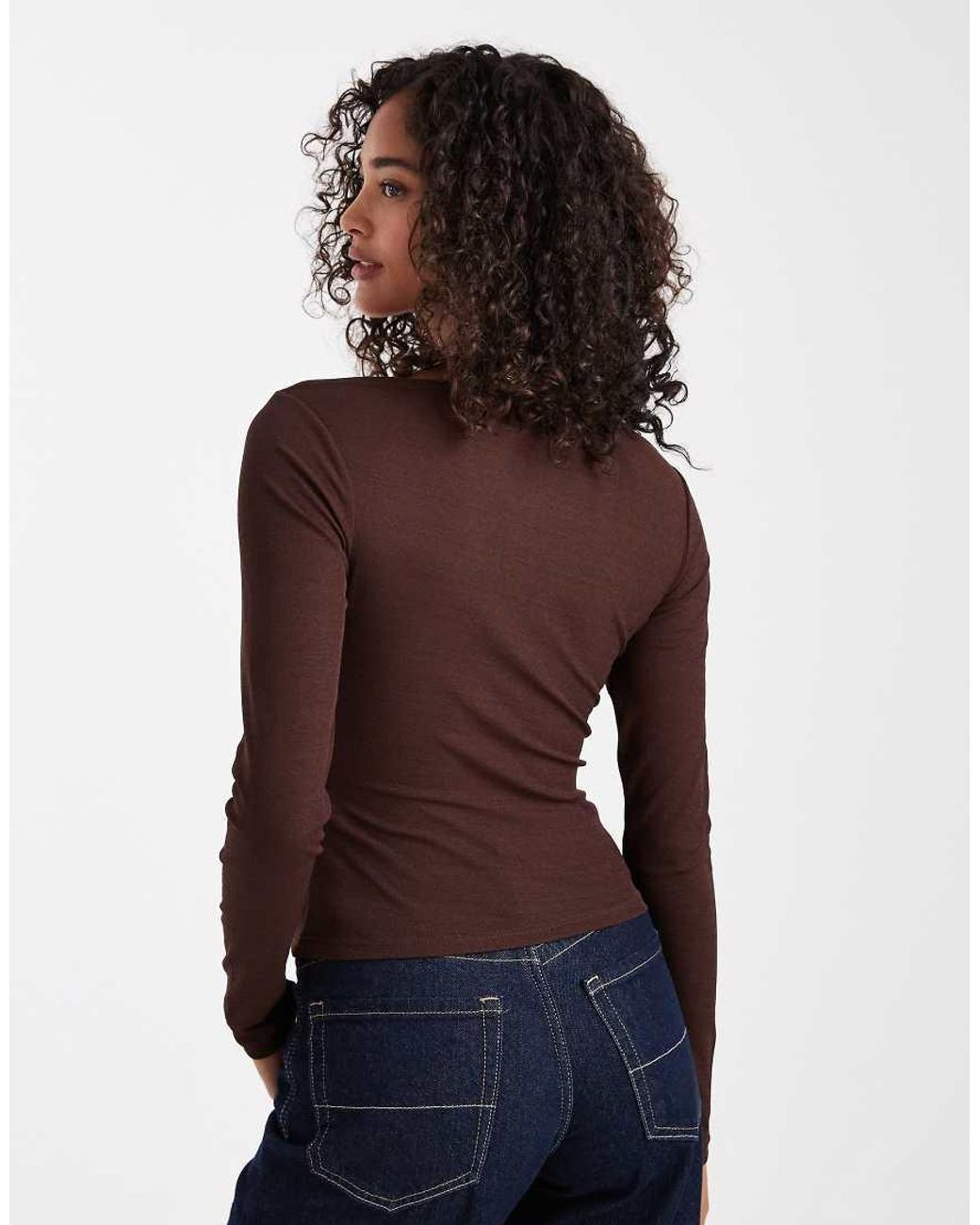 ASOS Brown Textured Mesh Slash Neck Long Sleeve Top