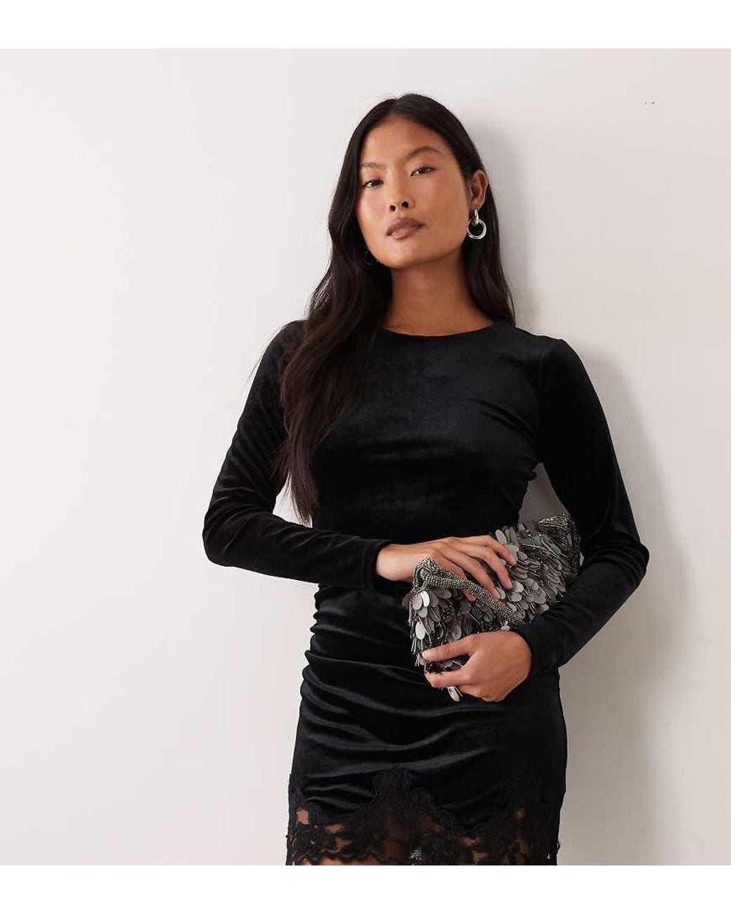 New Look Black Lace Trim Long Sleeve Velvet Mini Dress