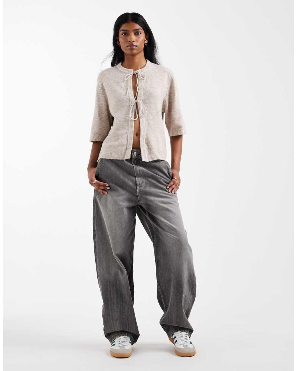 ONLY Natural Tie Front Short Sleeve Boxy Knitted Top