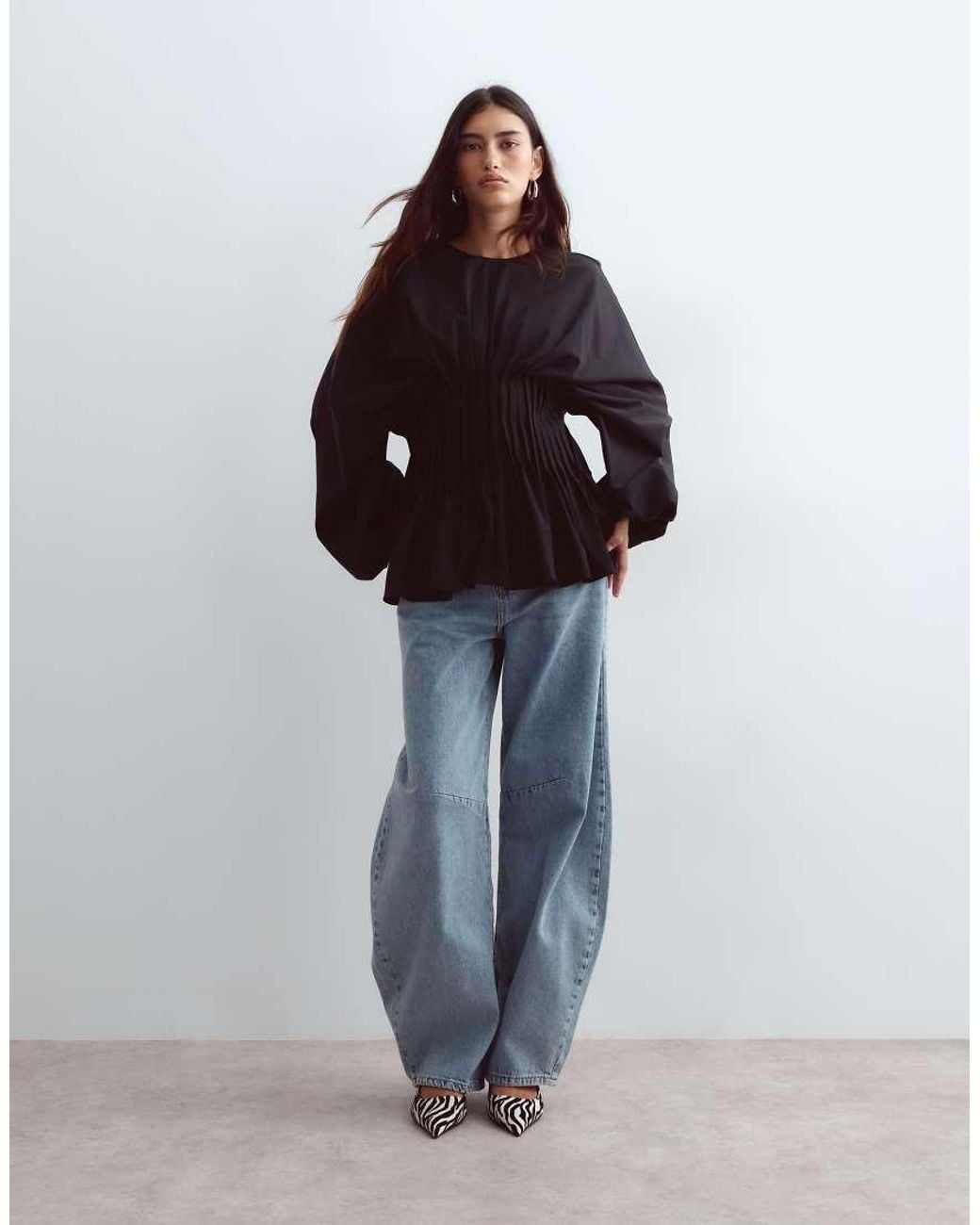 ARRANGE Black Volume Sleeve Pleated Cinched Waist Top
