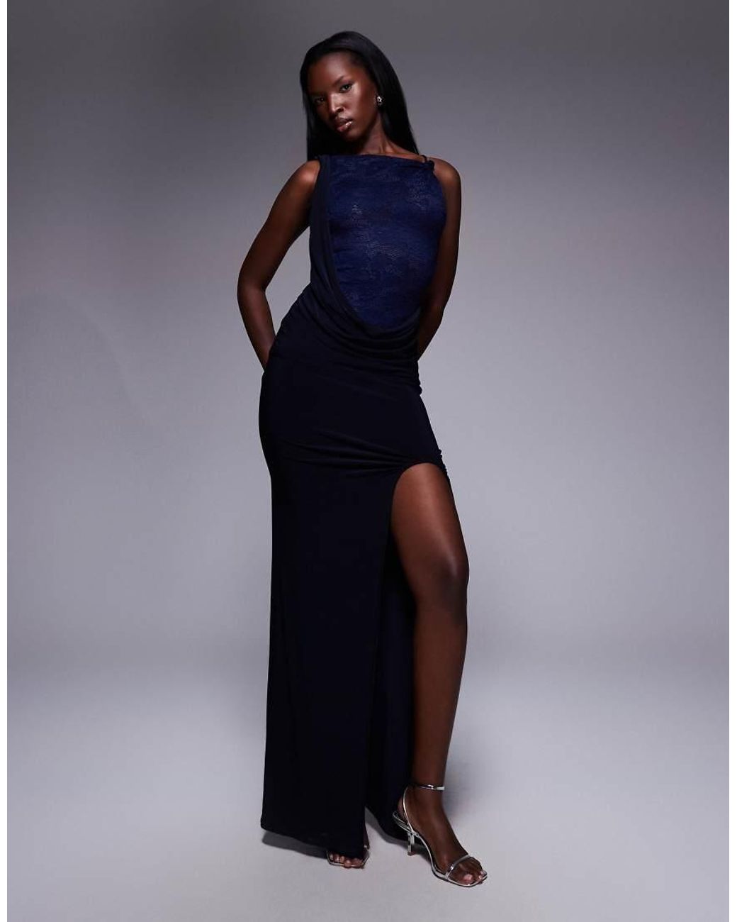 ASOS Blue High Neck Lace Panelled Draped Maxi Dress