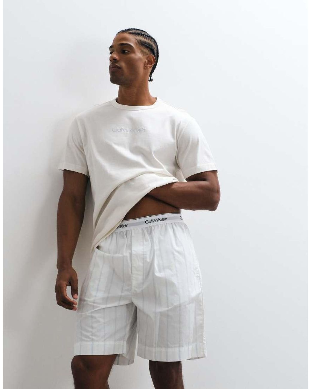 Calvin Klein White Cotton Poplin T-shirt And Stripe Short Set for men