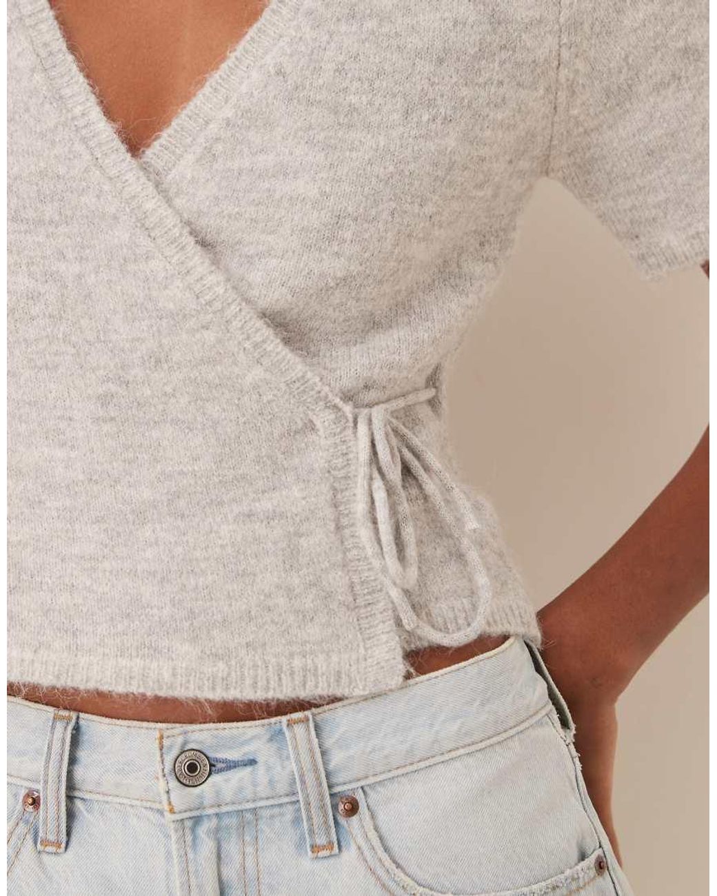Gina Tricot Natural Short Sleeve V Neck Knitted Wool Alpaca Wrap Tie Front Top