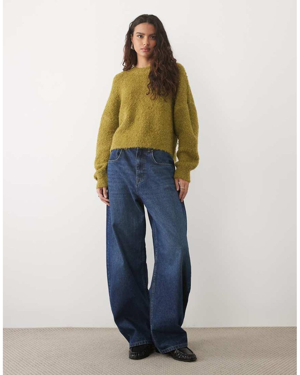 Pieces Green Frill Trim Boucle Knit Jumper With Wool