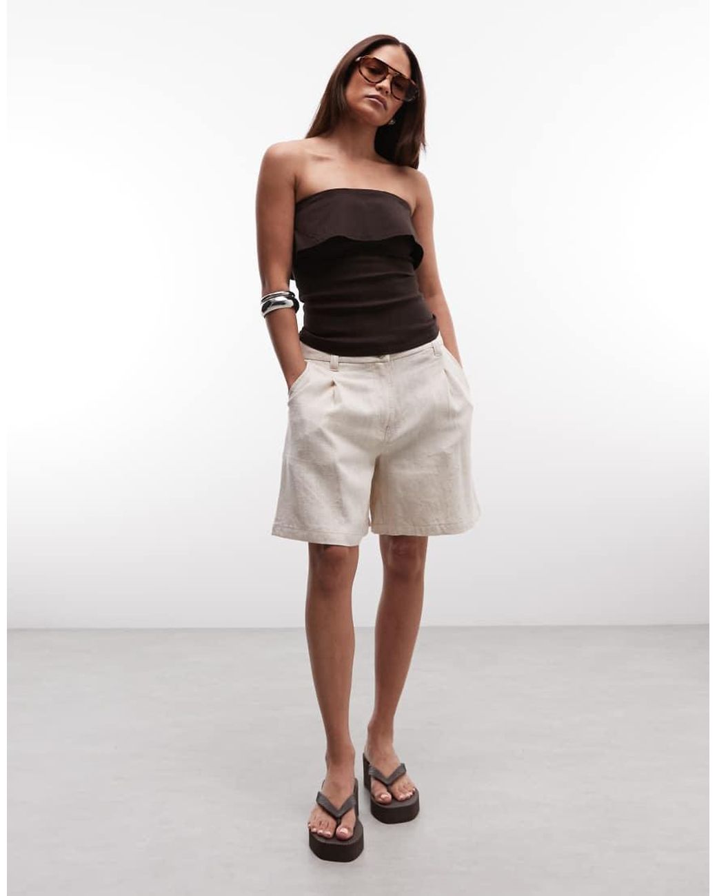 ASOS Natural Asos Design Petite Relaxed Dad Shorts With Linen