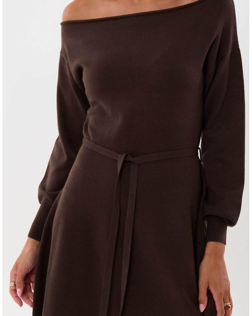 Threadbare Brown Slash Neck Belted Mini Jumper Dress