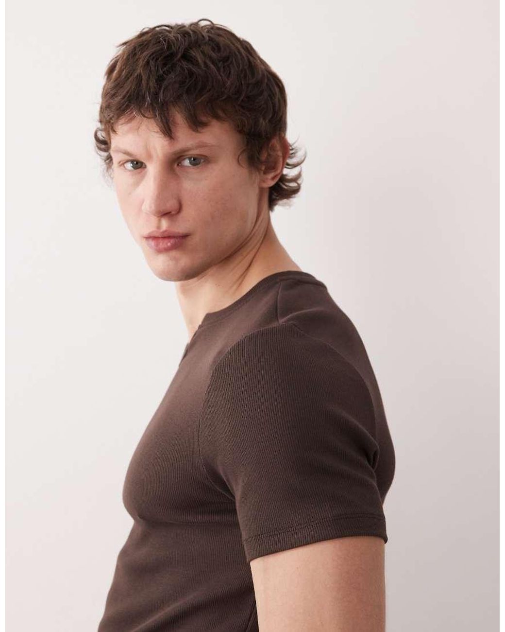 ASOS Brown Muscle Fit T-shirt With Notch Neck for men