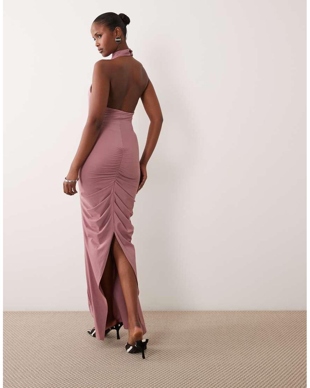 ASOS Pink Sculpting Jersey High Neck Drape Ruffle Maxi Dress