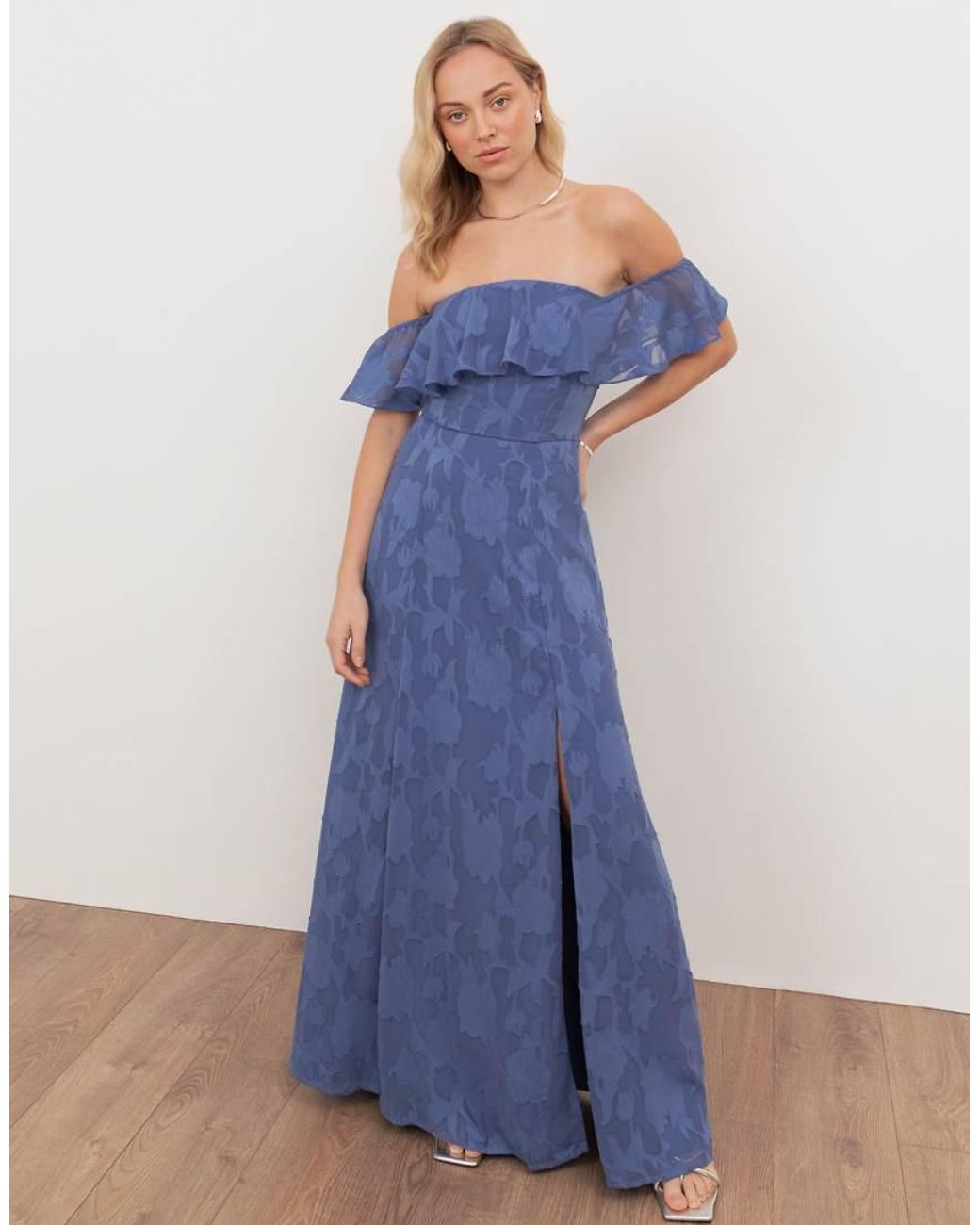 ANAYA Blue Floral Burnout Bardot Maxi Dress