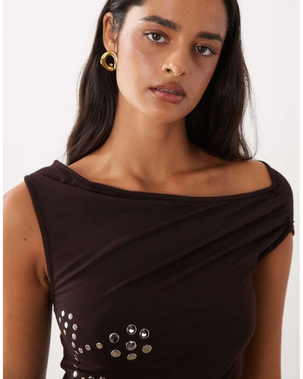 Motel Black Calypso Off The Shoulder Flower Stud Detail Top