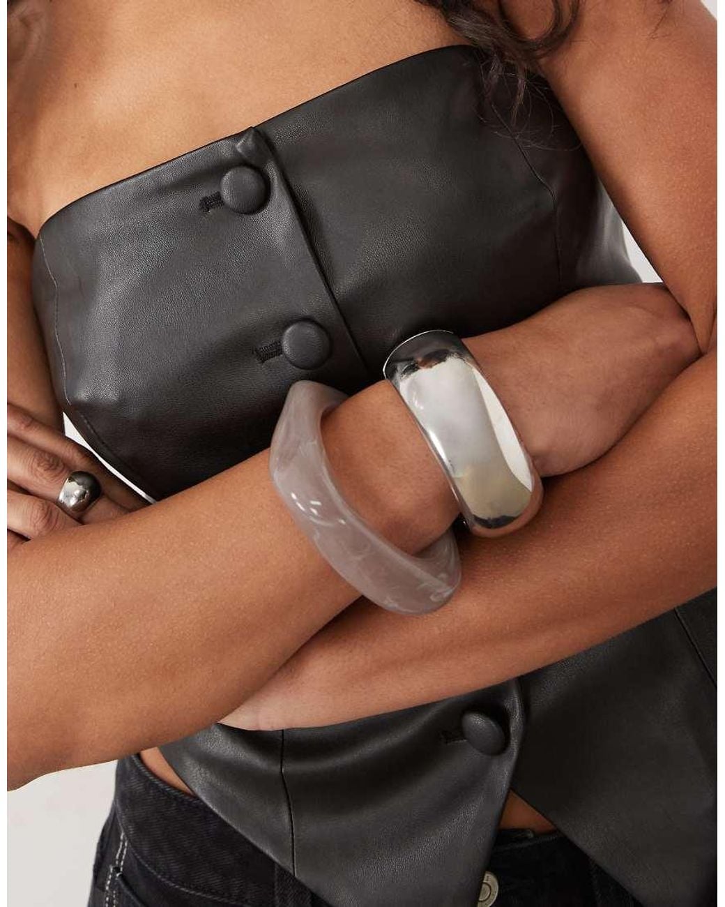 Miss Selfridge Black Faux Leather Button Up Bandeau Top