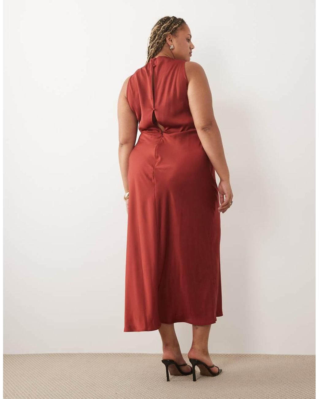 ASOS Asos Design Curve Pleated Gathered Bodice Satin Maxi Dress With High Neck