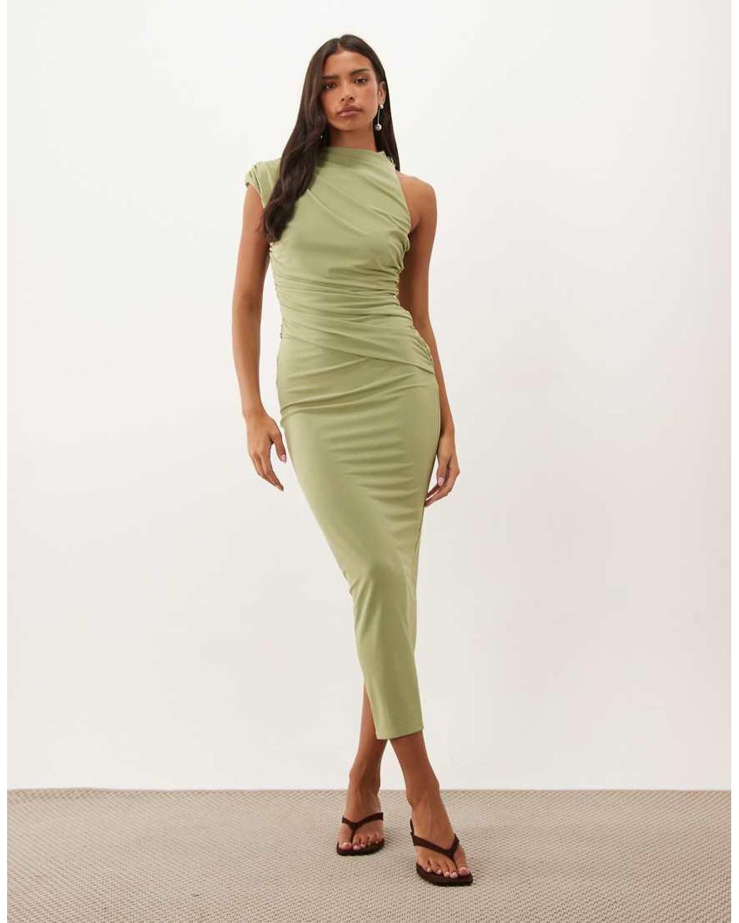 ASOS Green High Neck Asymmetric Ruched Midi Dress