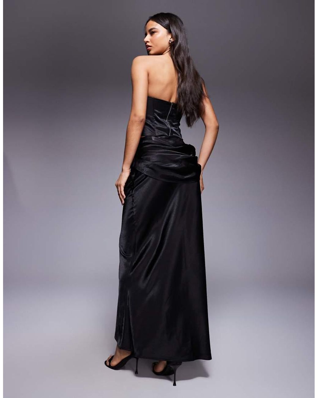 Wanderdoll Black Luna Satin Drape Waist Maxi Skirt Co-ord