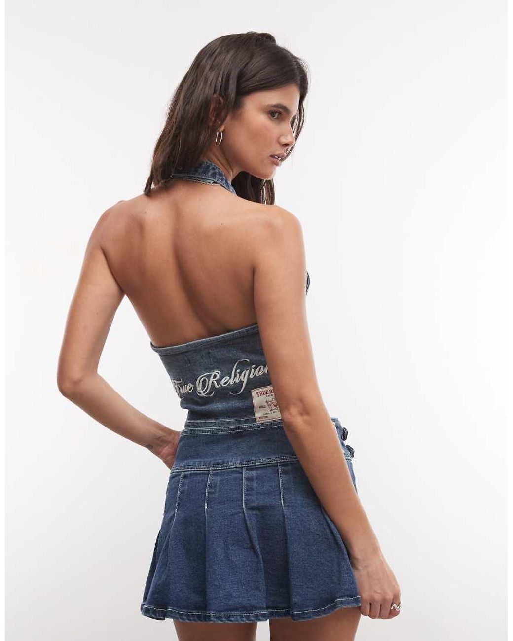 True Religion Blue Halter Neck Denim Waistcoat Style Crop Top