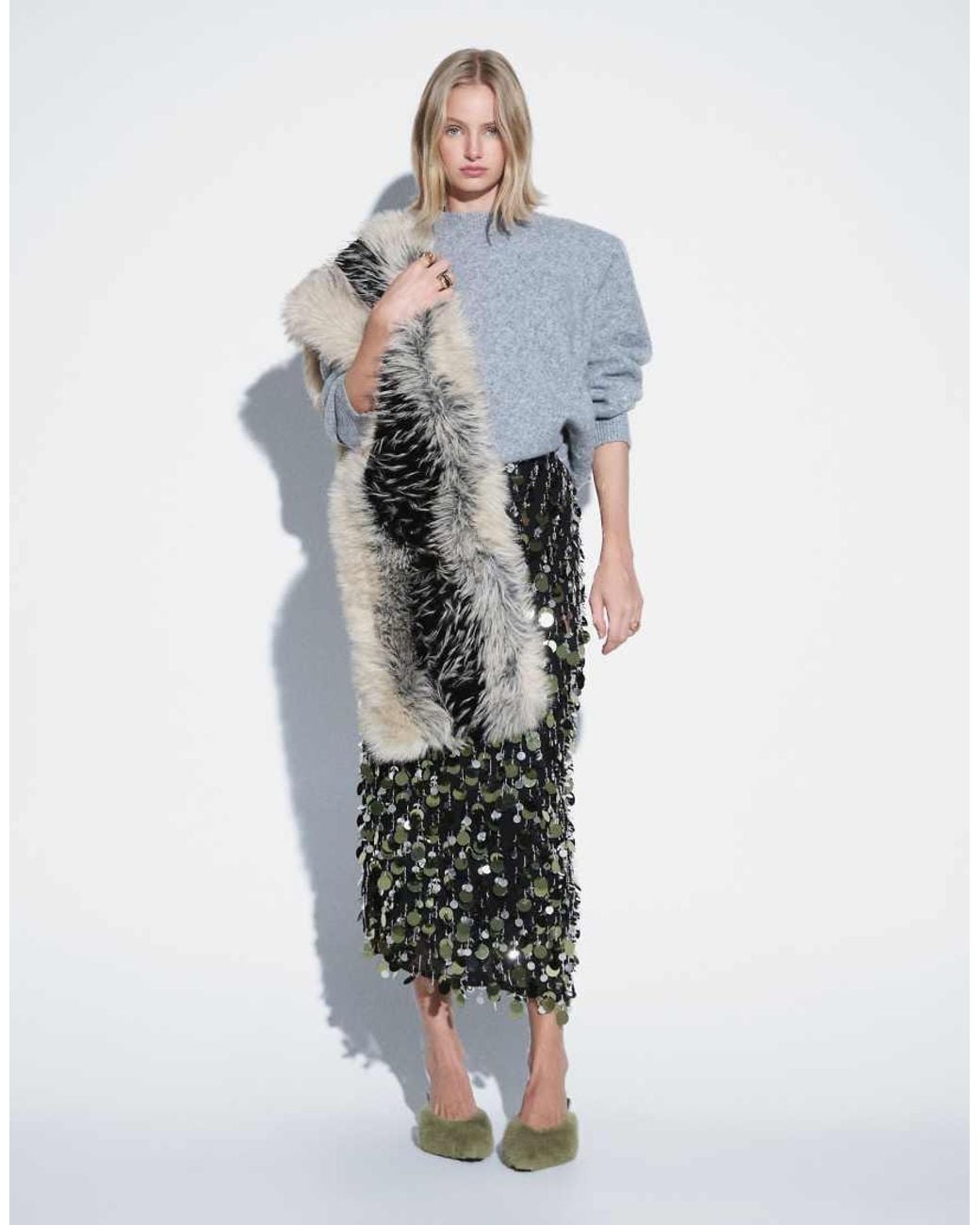 ASOS Gray Disc Sequin Midi Skirt